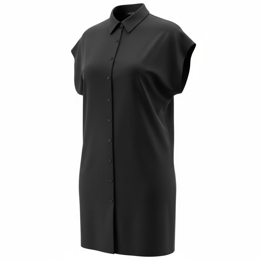Eileen Fisher L Large Black Button Front Cap Sleeve‎ Dress Tunic Tencel Lyocell